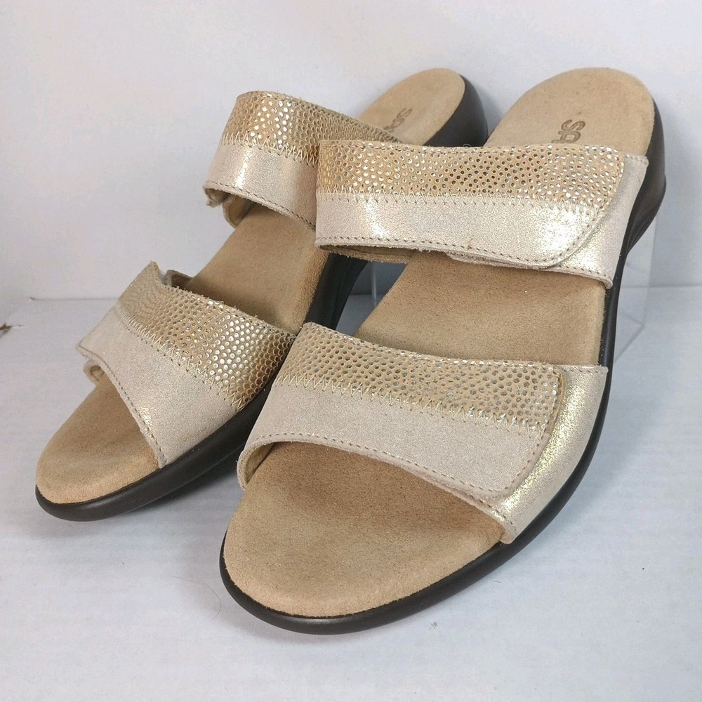SAS Women Nudu Slide Leather Sandal size 7M Beige Gold Metallic Comfort